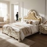 Luxury Teak Wood King Size Bed – White & Gold Carved Design with Italian Finish | Premium Upholstered Bed (72x78 inches)