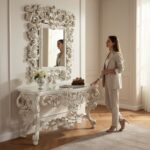 Luxury Teak Wood Carved Console Table with Mirror Frame – White Deco Finish | Royal Entryway & Living Room Furniture