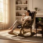 Luxury Royal Baroque Style Hand-Carved Teak Wood Rocking Chair | Brown Tufted Leatherette Upholstery & Gold Finish